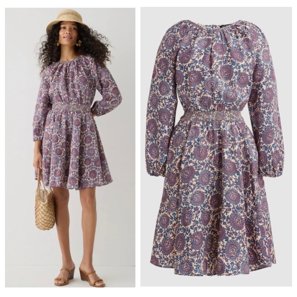 J Crew Palermo Smocked Waist Linen Dress in Floral Bouquet | SMALL NWT